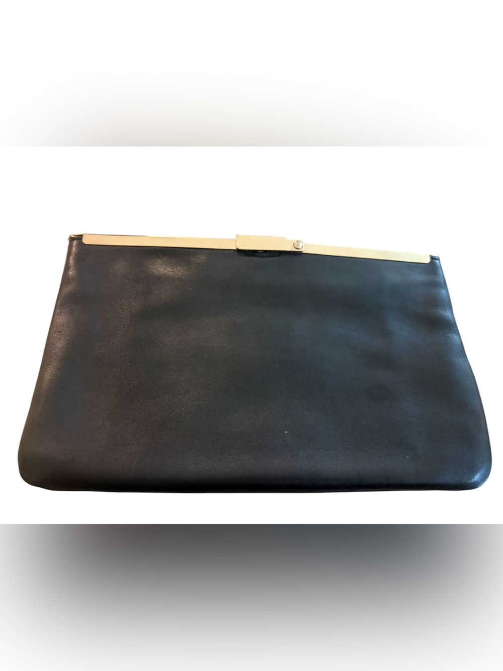 J. CREW Classic Black Leather Clutch Bag with Gold Hardware trim detail EUC